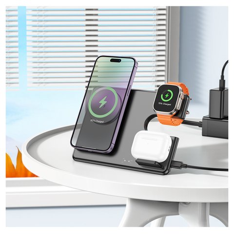 Беспроводное зарядное устройство Hoco CQ1 3-in-1, Quick Charge, черное, USB тип-C, 15 Вт, раскладное, настольный, магнитное, iwatch, #6942007602310 Превью 3