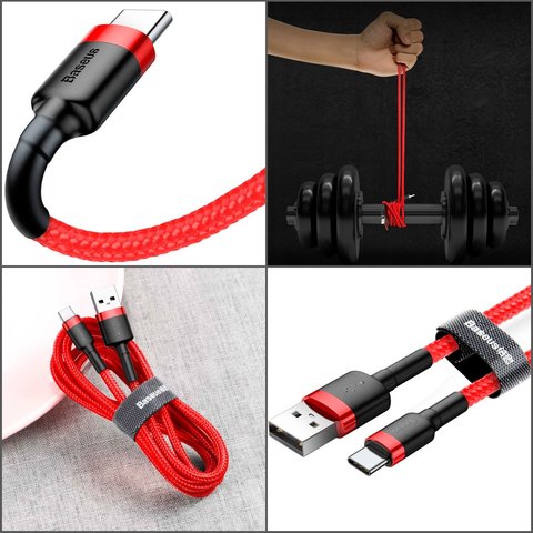 USB кабель Baseus Cafule, USB тип-C, USB тип-A, 300 см, 2 A, красный, в нейлоновой оплетке, #CATKLF-U09 Превью 2
