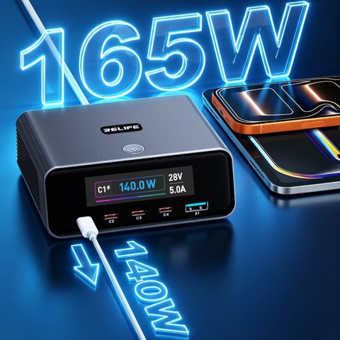 Сетевое зарядное устройство RELIFE Q8, 165 Вт, Quick Charge, Power Delivery (PD), серый, 5 портов Превью 2