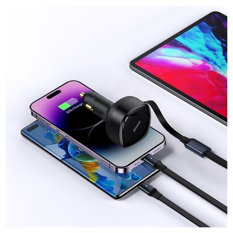 Car Charger Baseus Enjoyment Retractable 2-in-1, (black, Quick Charge, with cable, 30 W, 12-24 V) #CGTX000001 Preview 3