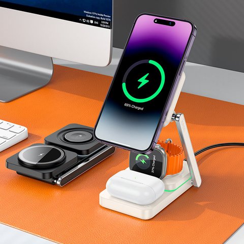 Беспроводное зарядное устройство Hoco CQ10 3-in-1, Fast Charge, белое, USB тип-C, 15 Вт, раскладное, портативный, магнитное, #6942007618366 Превью 2